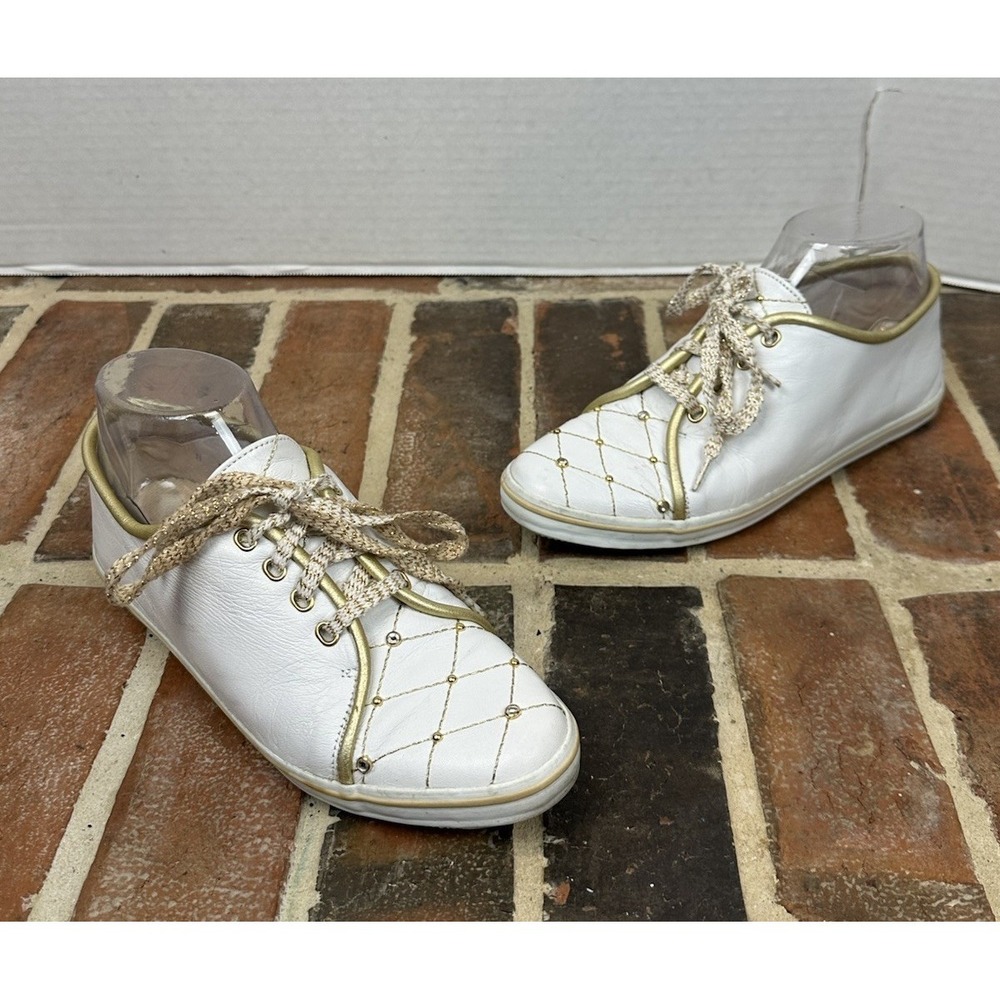 Vintage STUART WEITZMAN White & Gold‎ Leather Sneakers Quilted Lace Up Women 7 N